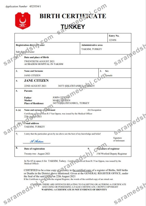 Turkey birth certificate in Word and PDF format